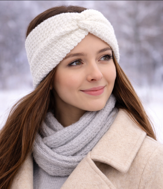 Bandeau au crochet femme écru fait main – Accessoire hiver élégant