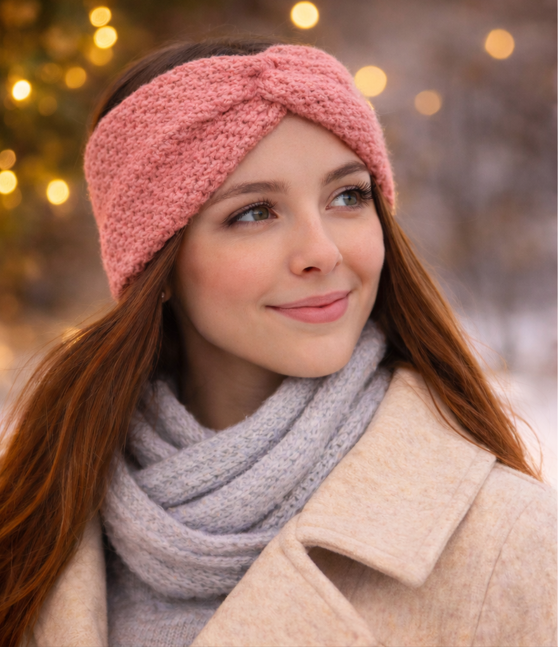 Bandeau au crochet rose porté par une femme, accessoire hiver fait main au style torsadé