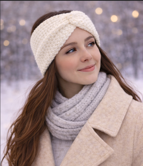 Bandeau au crochet écru porté par une femme, accessoire hiver fait main au design torsadé