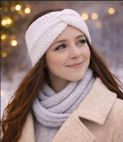 Bandeau au crochet blanc porté par une femme, accessoire hiver fait main au design torsadé