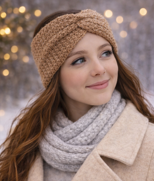 Bandeau au crochet camel porté par une femme, accessoire hiver fait main au design torsadé