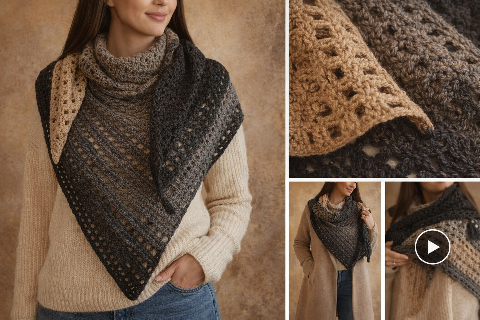 Châle triangulaire au crochet porté sur un pull beige, accessoire femme élégant et artisanal