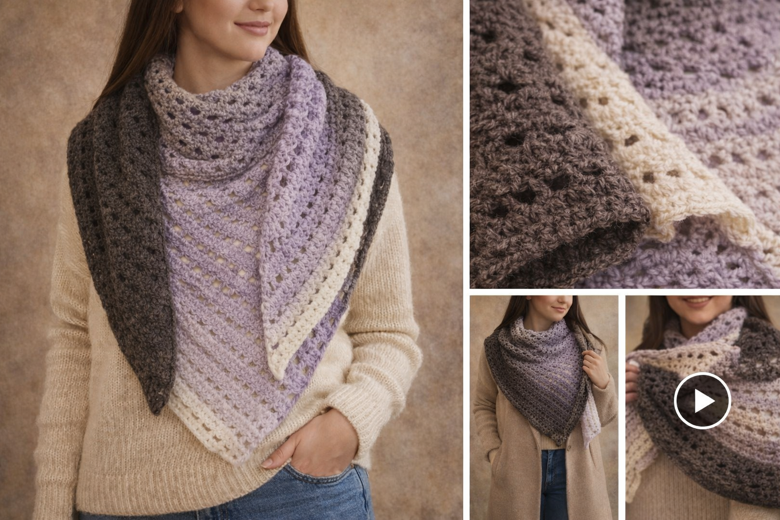 Châle triangulaire au crochet lilas, écru et gris porté sur un pull beige