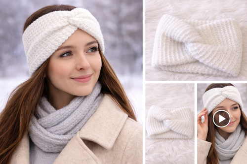 Bandeau au crochet écru fait main porté en hiver, accessoire élégant et confortable pour femme