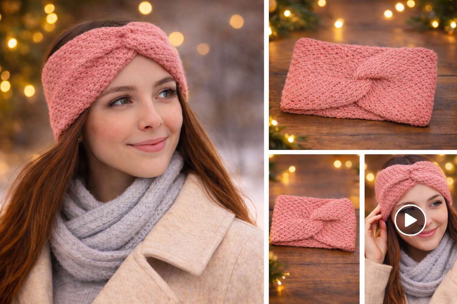 Bandeau au crochet rose porté par une femme, accessoire hiver fait main au style torsadé