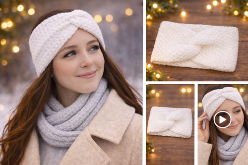 Bandeau au crochet blanc fait main porté en hiver, accessoire élégant et confortable pour femme