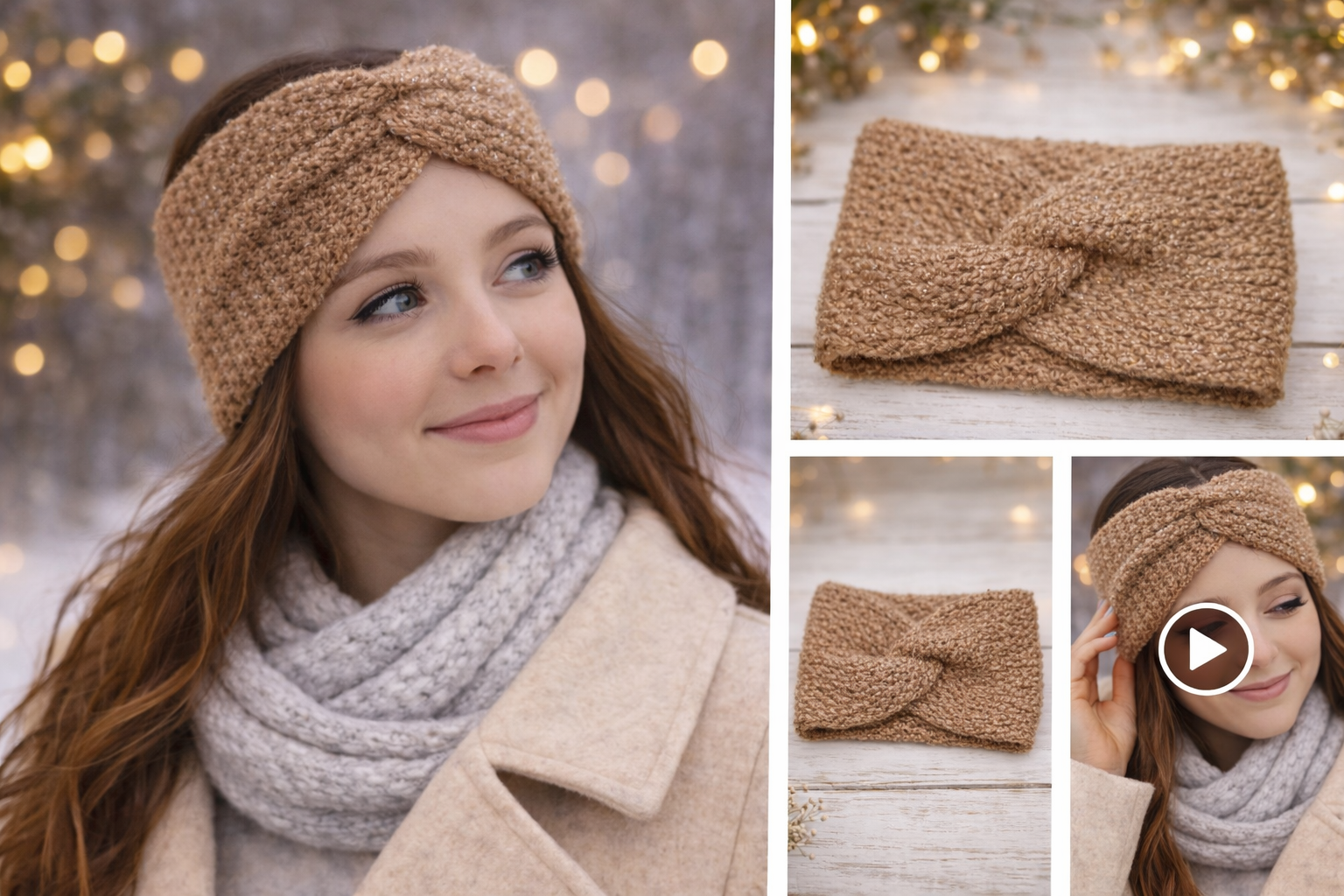 Bandeau au crochet camel fait main porté en hiver, accessoire élégant et confortable pour femme